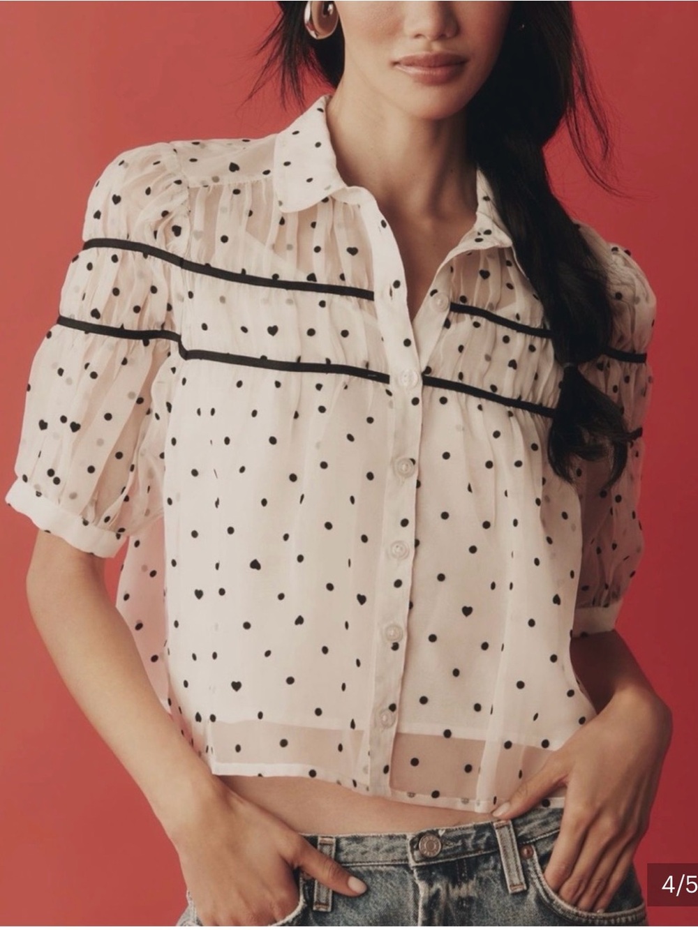 Maeve Leandra Shirred Yoke Blouse Sz M Polka Dot Chiffon Loose Hearts Cottagecor